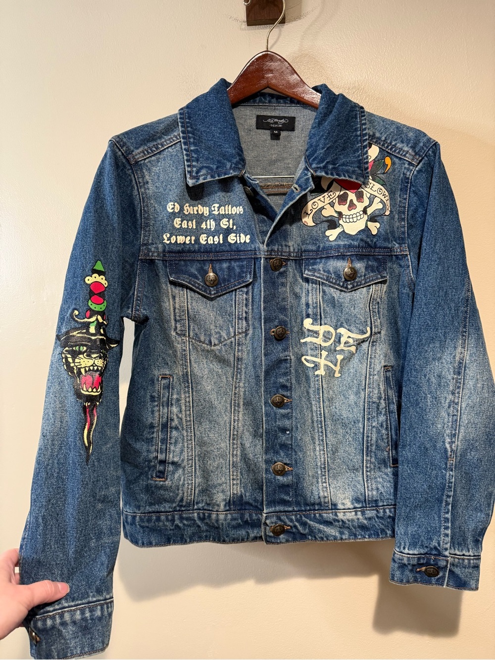 ED HARDY Flaming skull denim jacket men’s medium - Picture 4 of 10